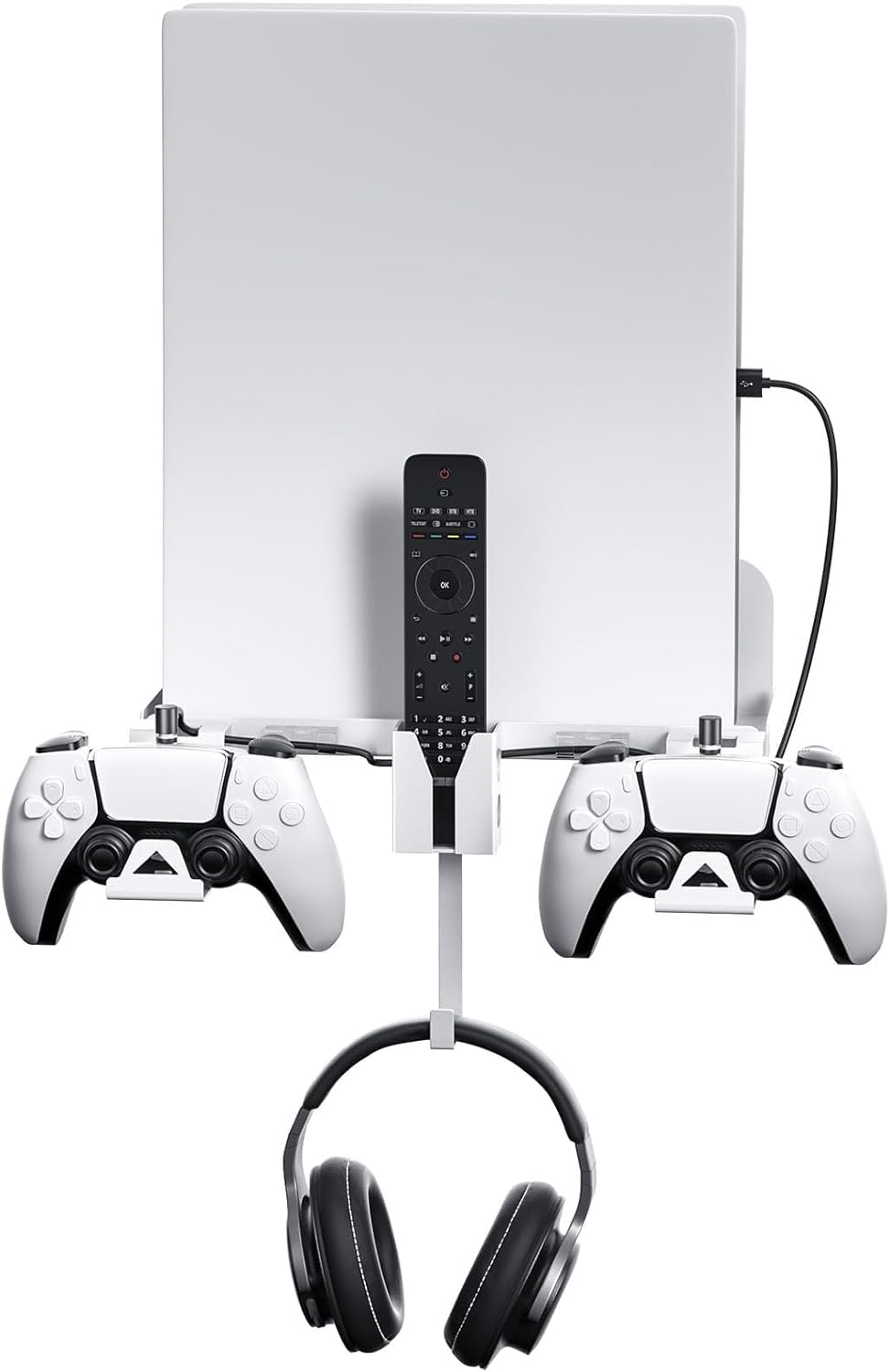 PS5 Supporto Parete Supporto PS5 Muro con 2-in-1 Cavo di Ricarica Magnetico per PlayStation 5 Disco e Digitale Supporto Parete PS5 con Supporto per Controller e Gancio per Cuffie (Bianco)