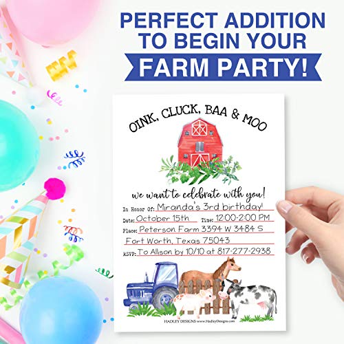 Image of Hadley Designs Kids Birthday Invitations For Boys and Girls Barnyard Theme - 25 Farm Animals Birthday Party Invitations For Boys, Tractor Barn Invites For Girls, Cute Ranch Party Supplies, Made In USA