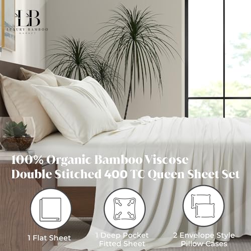 Image of Luxury Bamboo Market | Queen Size Bed Sheet Set | 100% Viscose Made from Bamboo | Organically Grown | Ultra Soft | Cooling Sheets for Hot Sleepers | 17 inch Deep Pocket [Opulent Ivory]