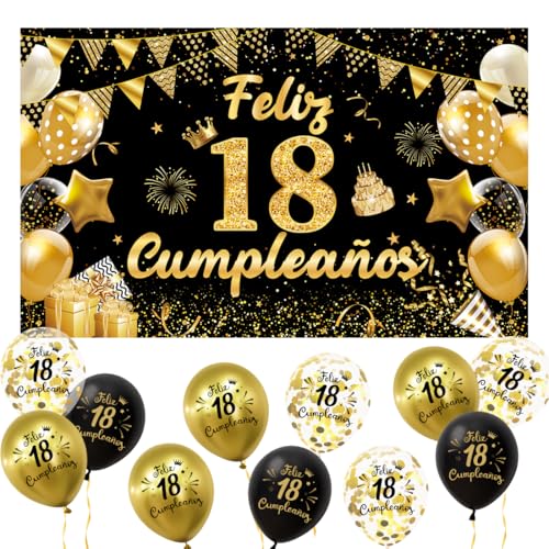 Meleager Decoração 18 Anos Espanhol, Faixa Feliz 18 Anos + 15 Balões, Bandeirola de Feliz 18 Anos Aniversário, Kit Decoração Fotos para Festas Preto e Dourado