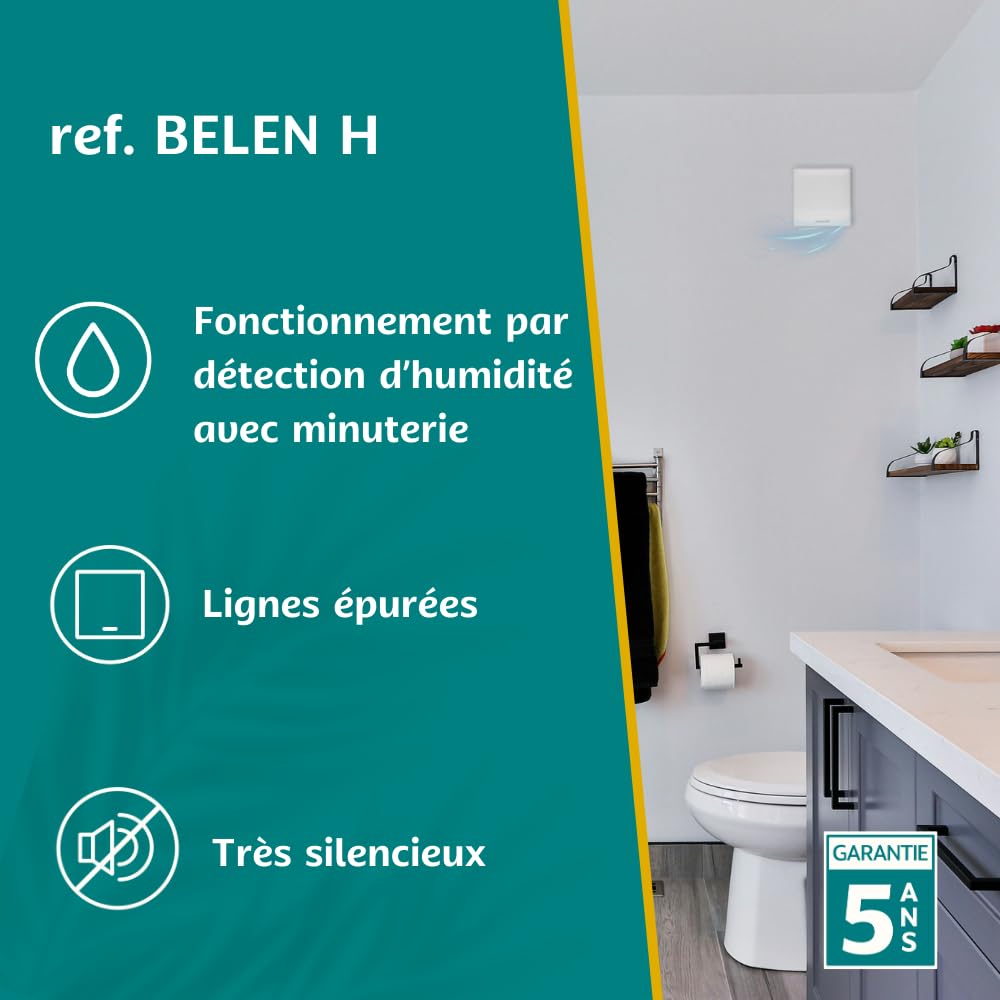 BELEN H - V1 - Extracteur d'air Intermittent pour Salle de Bain, WC et Cuisine - Détection d'Humidité avec Minuterie Intégrée - Silencieux - Résistant à l'Eau - Installation Murale et Plafond