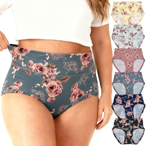 Image of Womens Underwear XL-5XL Plus Size Ladies Panties Mid High Waist Briefs for Woman Floral Print Pantys 6-Pack