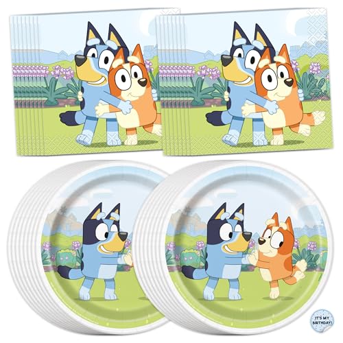 Bluey Birthday Decorations for Party | Dessert Plates and Napkins for 16 Guests | With Sticker | Officially Licensed