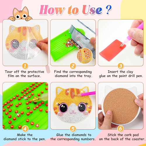 Image of ZTOTZ Cat Diamond Art Painting Coaster Kit, DIY Round Coasters Set of 8 | Cute Cat Crafts Kit, Includes Holder Stand, Cork Backing Pads, Ideal Christmas Gift, For Adults & Beginners, 3.9in Size