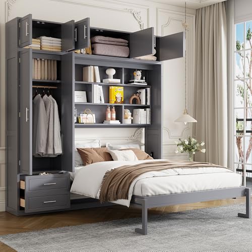 Image of Merax Queen Size Murphy Bed with Shelves, Top Cabinet and Wardrobe, Fold into The Wall, Space-Saving Design Foldable Platform Bed Frame for Bedroom, Guest Room, Home Office, Gray