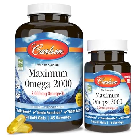 Carlson - Maximum Omega 2000, 2000 mg Omega-3 Fatty Acids Including EPA and DHA, Wild-Caught, Norwegian Fish Oil Supplement, Sustainably Sourced Fish Oil Capsules, Lemon, 90+30 Softgels Cover