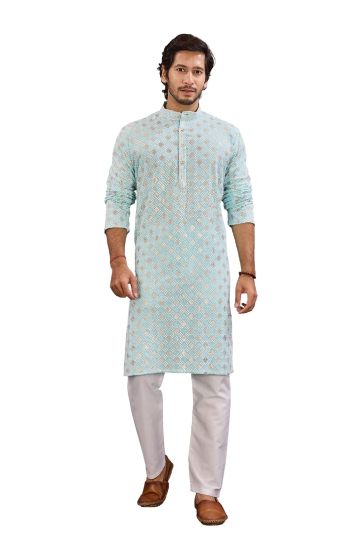 Men’s Printed Kurta Cotton Blend Ethnic Wear Long Kurta for Festive Wedding Casual Traditional Outfit Light Grey Kurta for Men Regular Fit Full Sleeve Knee Length-picture-16