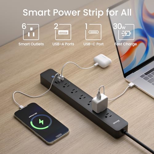 Image of GHome Smart Power Strip 15A, 2.4G WiFi Smart Plugs That Work with Alexa & Google Home, Surge Protector Flat Plug with 6 APP Control WiFi Outlets, FCC Listed, 7.18 Ft Flat Extension Cord, No Hub Needed