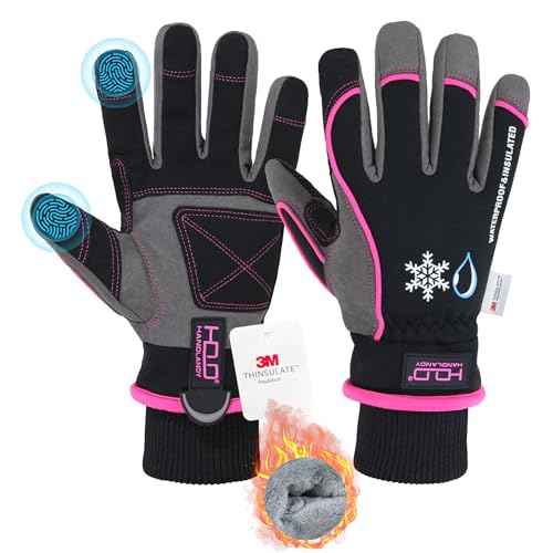HANDLANDY Waterproof Insulated Work Gloves, 3M Thinsulate Thermal Winter Gloves for Men Women Touch Screen, Warm Ski Snowboard Cold Weather Gloves (Large, Pink) Large Pink-women Size