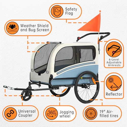 SEPNINE 2-in-1 XL Fahrradanhänger für Hunde, Hundeanhänger für Fahrrad - mit Dachöffnung, Reflektoren & Reflexstreifen, mit Schiebestange & Universal-Fahrradkupplung, Faltbar, Bis 50 kg, Blau