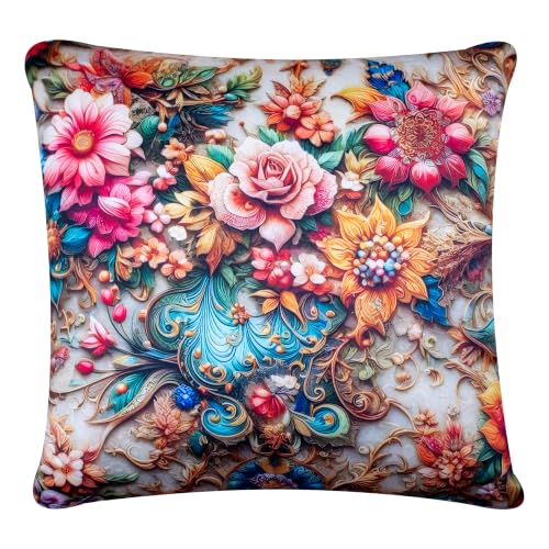 Image of Decorative Satin Sofa Cushion Covers Set of 5, 24 Inch x 24 Inch, Multicolor 3D Floral Sofa Pillow Covers, Embroidery-Effect HD Digital Print, Zipper Closure (Rosella, 24X24 Inches)