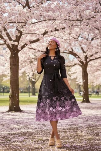 Image of CLOCOR Midi Dresses for Women Casual A-Line Fit and Flare Dress Crewneck 3 /4 Sleeve Keyhole Cocktail Party Church Dress