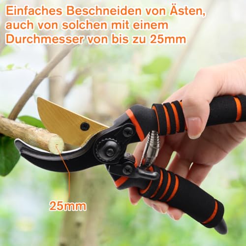 Gartenschere,Pflanzenschonende Baumschere mit Bypass-Schneide für frische Äste und Zweige,Rostfreier Stahl-Stahlklinge,integrierte Feder im Grif,max. Schneid-Durchmesser 25 mm,orange – Bild 5