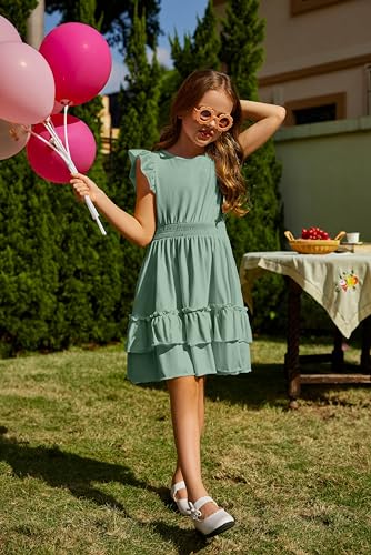 Arshiner Girls Dresses Flutter Sleeve A-Line Sundress Casual Summer Tiered Swing Midi Pocket Dress4