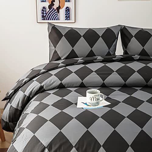 Olrynns Geometric Black and Grey Lattice Cotton Duvet Cover Set #TOP27