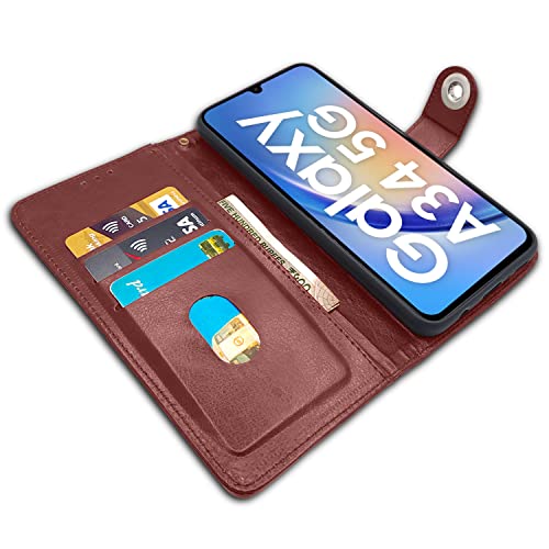 Image of Pikkme Samsung Galaxy A34 5G Flip Cover Leather Finish | Inside TPU with Card Pockets | Wallet Stand and Shock Proof | Complete Protection Button Flip Case (Brown)