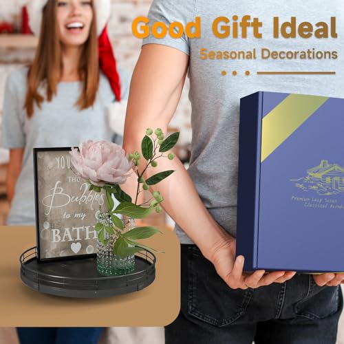 Image of 10 inch Oak Bathroom Vanity Tray Turntable for Perfume Candle, Round Wooden Decorative Tray for Kitchen Sink Countertop Organizer, Bathroom Counter Organizer for Skincare Makeup, Farmhouse Black Gold