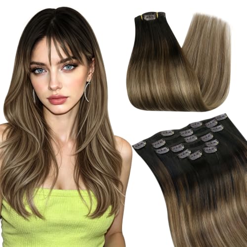 Image of Ugeat Clip in Hair Extensions Human Hair Brown Balayage 14 Inch 7pcs 105g | Human Hair Clip in Extensions , Dark Brown Balayage Chocolate Brown