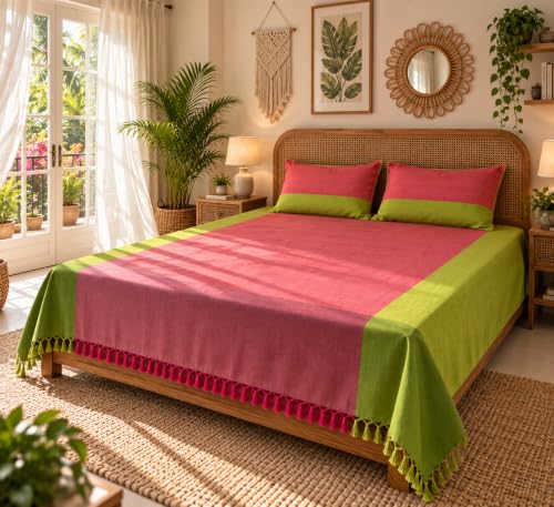 Image of RANGBHAR Handloom 100% Cotton Premium King Size Bedsheet | Hand Woven Bed Cover with 2 Pillow Covers | 250 GSM Thick Cotton Bedspread | 100x98 inch | Pink | Yarn Dyed