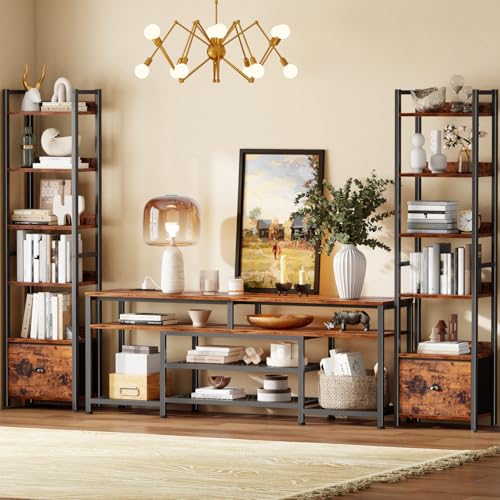 Image of Furologee Book Shelf Set of 2, 6 Tier Tall Shelf with Drawer, Bookshelves and Bookcases Set of 2, Industrial Display Shelving Unit for Bedroom, Living Room, Home Office, Rustic Brown