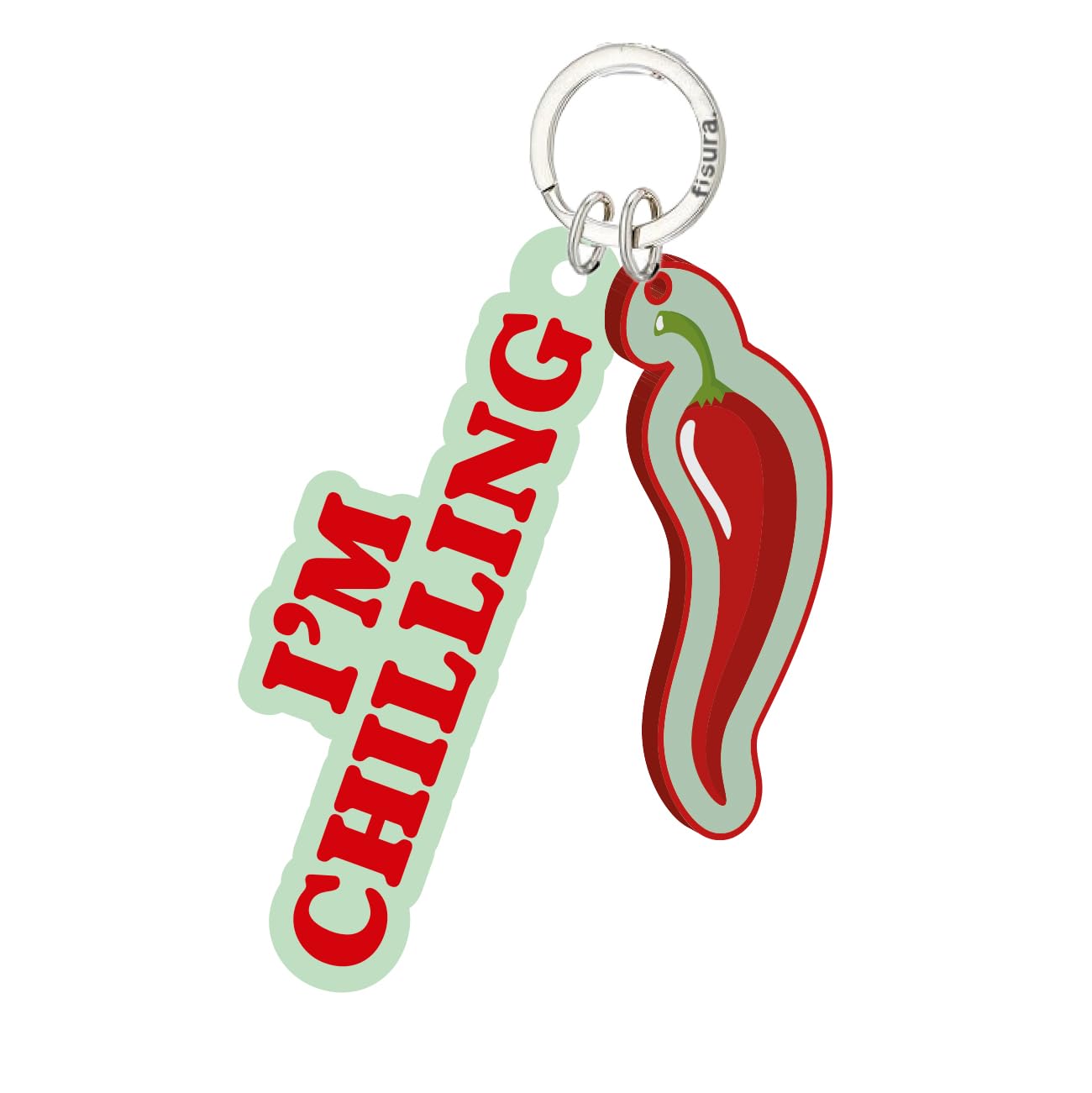 Fisura Original metal keyring with chilli figure and message "I'm chilling". Green and red woman keyring, gift for women on Mother's Day or birthday.