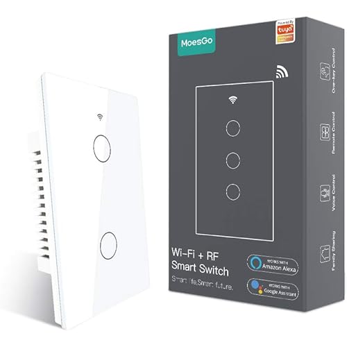 MoesGo 2nd Generation WiFi RF433 Smart Touch Wall Single Fire Smart Switch，No Neutral Wire Needed,Compatible with Smart Life/Tuya App, Works with Alexa and Google Home Single Pole 110V White 2 Gang