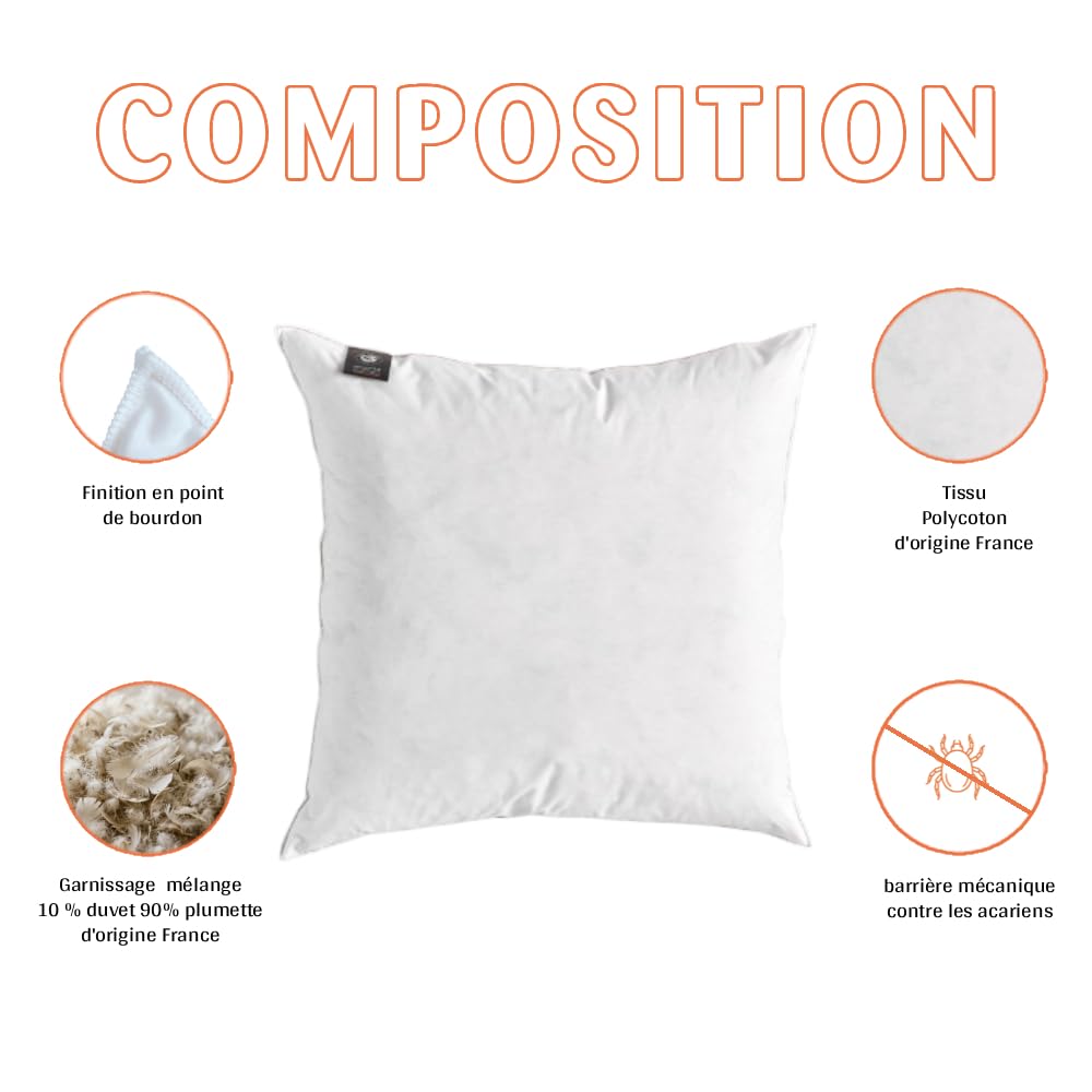 Oreiller Plat 60x60 Duvet & Plume | Couchage sur le ventre & dos - Garnissage naturel plumes léger - Anti-cambrure nuque - Douceur saine - Fabriqué en France