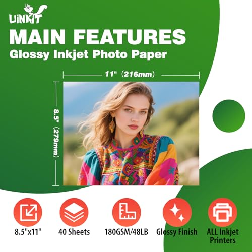Uinkit Glossy Inkjet Photo Paper 8.5x11 Inches 40 Sheets 48lb Dye Ink 180Gsm Professional Photographic Paper Letter Size 8.5mil Instant Dry Suitable for All Dye Ink Printers (8.5"x image 8