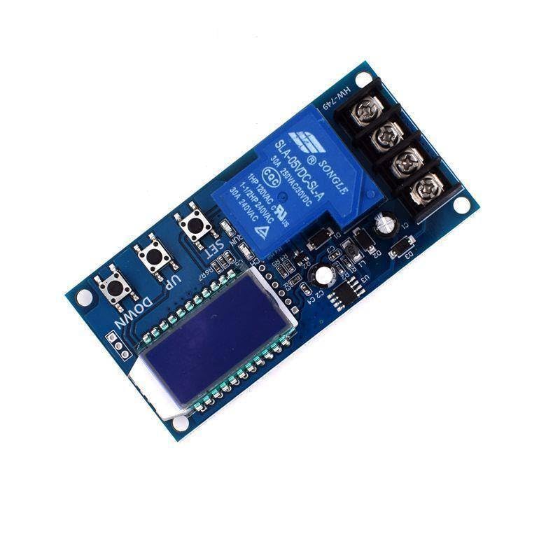 Top view of the XY-L30A module with digital display, control buttons, and relay.