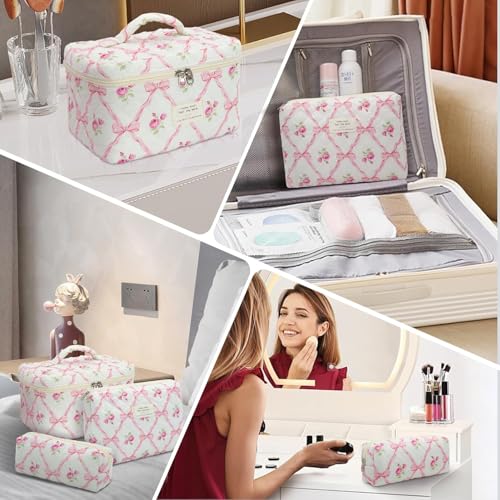 Image of Lyrovo Makeup Organizer Cosmetic Bag Quilted Large Floral Make Up Organize Set for Women Flower Travel Toiletry Bag (Pink-Bow)