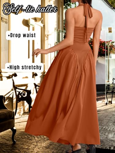 Image of ChiaoLezhee Deep V Neck Dress, Halter Maxi Dresses, Vacation Date Night, Sexy for Women Corset Flowy Wedding Guest Drop Waist