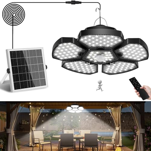 NATPOW Solar Shed Light Indoor Outdoor Solar Pendant Lights Motion Sensor with Remote Control Waterproof Timing Gazebo Lights 5M Cord Warm/Cool White Solar Light for Porch Gazebo Garage(1Pack)