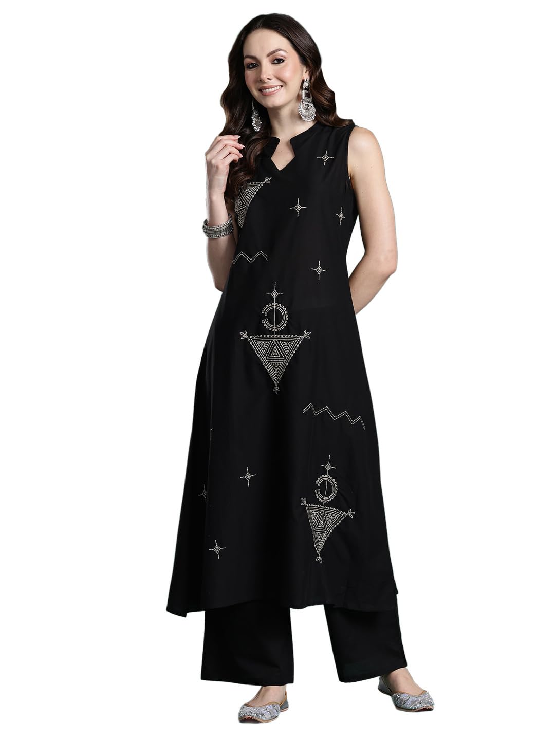 indo era Women's A-Line Pure Cotton Ethnic Motifs Printed Embroidered Kurta & Palazzos Set (KS0PR11259)-picture-25