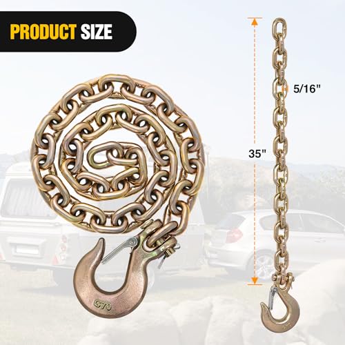 Image of Nilight 5 /16 inch X 35 inch Trailer Safety Chain 2pcs Grade 70 Towing Chain with Clevis Snap Hooks 18800lbs Break Strength for Trailer, RV,and Boat Towing