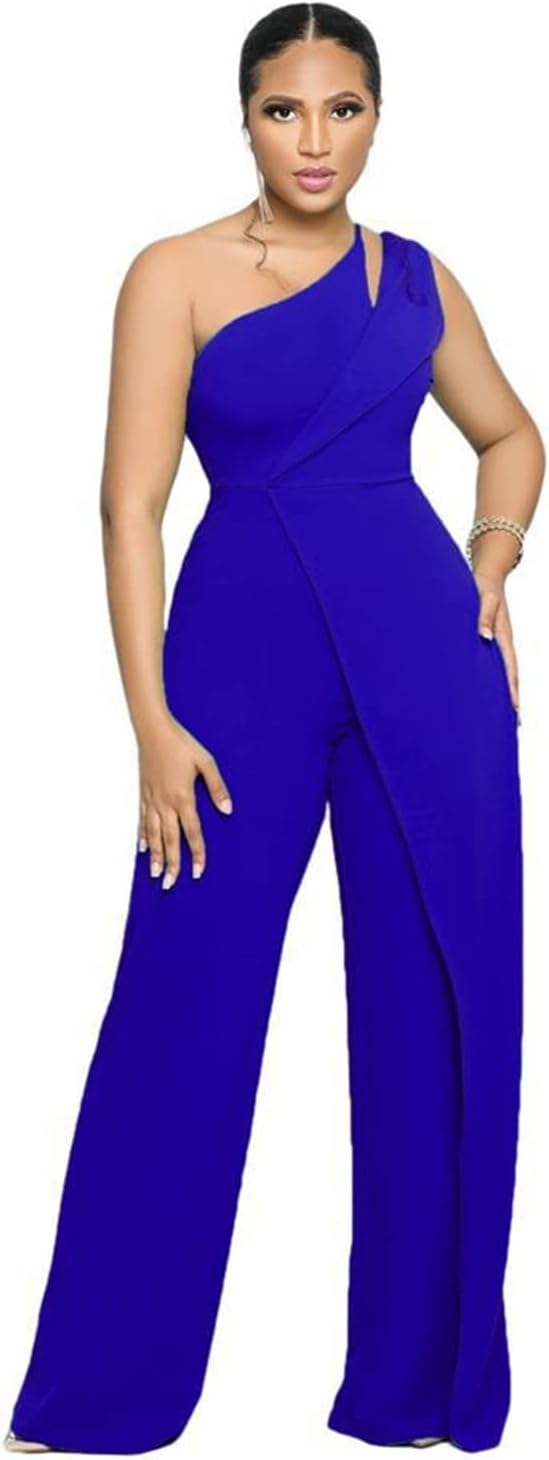 Women's Elegant Casual Sexy Sleeveless One Piece One Shoulder High Waist Commuter Straight Wide Leg Long Jumpsuit (Color : Blue, Size : Medium)