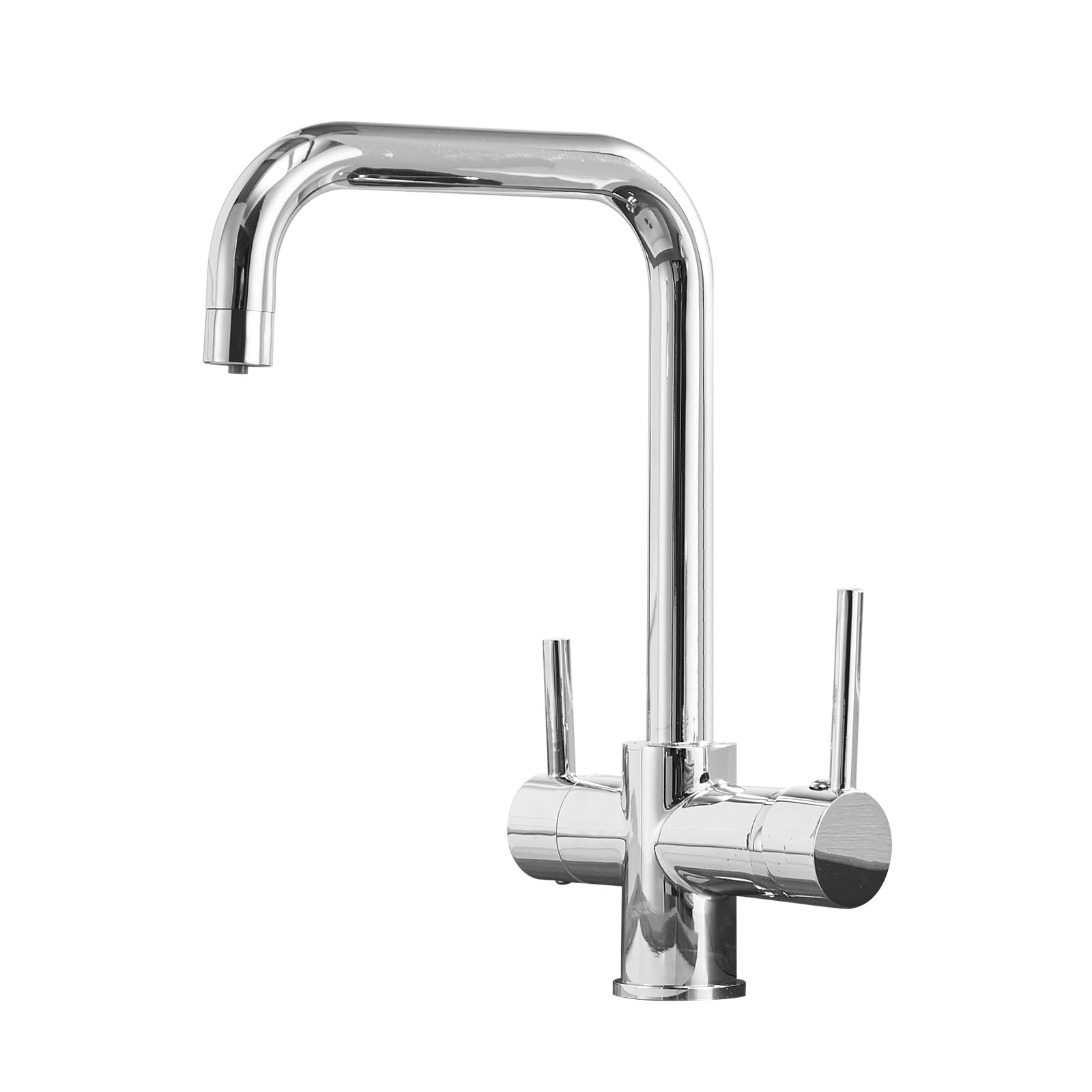 Grifo de cocina de latón de 3 vías, mezclador de dos mandos para montaje en un solo orificio, caño giratorio 360° con función de agua potable (3 en 1), incluye mangueras de conexión G3/8