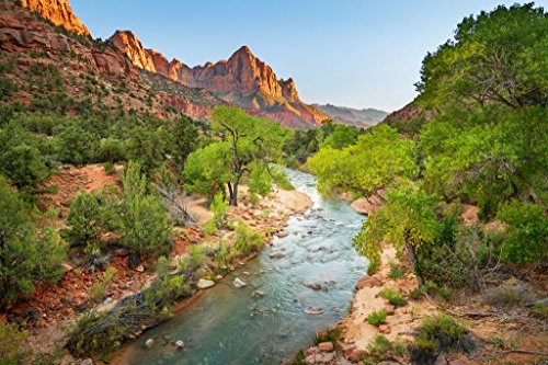 The Watchman Sunset Zion National Park Utah Photo Photograph Mountain Nature Landscape Scenic Scenery Parks Picture America Trees Autumn River Stretched Canvas Art Wall Decor 24x16