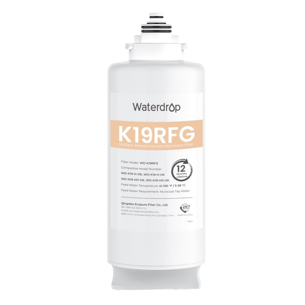Waterdrop Filtro WD-K19RFG, ricambio per sistema RO da banco WD-K19-HG, 12 mesi di vita