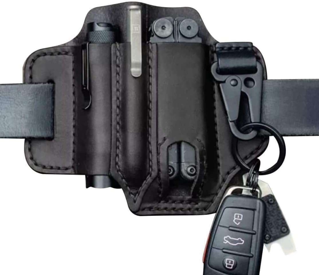 Leather Multitool Sheath for Belt, EDC Pocket Organizer with Key Holder, Storage Belt Waist Bag Flashlight Holster, Multitool Pouch for Men Camping (Black)