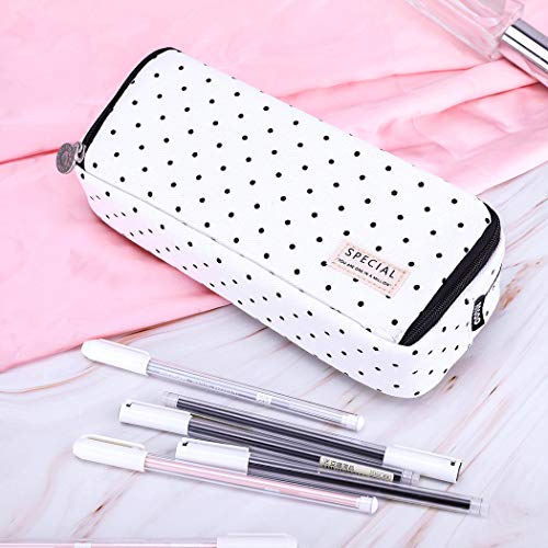 Image of iSuperb Large Pencil Case Big Capacity Pencil Pouch 3 Compartments Pen Bag Canvas Marker Pen Bag for Teen Boys Girls School Students (Black Polka Dot)