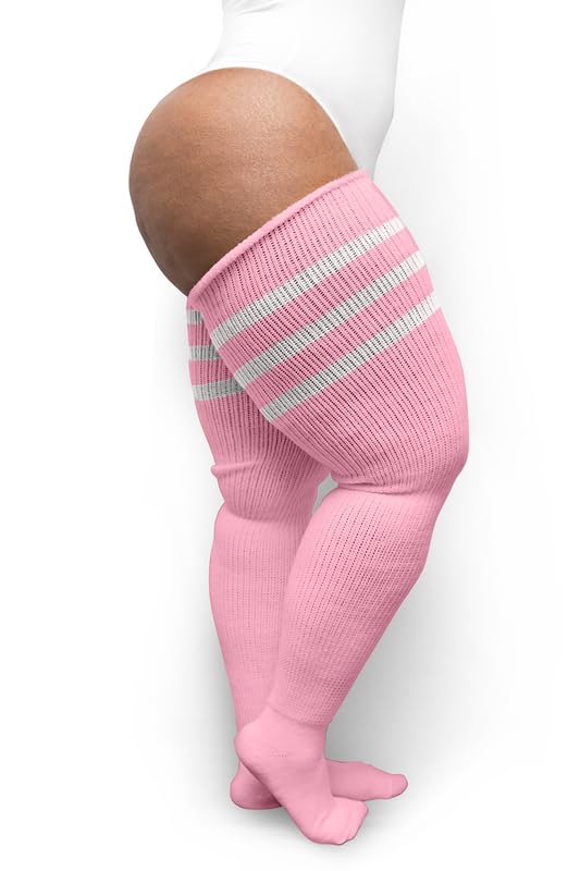 Image of Thunda Thighs Plus Size Striped Thigh High Socks, Over the Knee High Boot Stockings Leg Warmers, Extra Long & Thick Socks (Pastel Pink & White)
