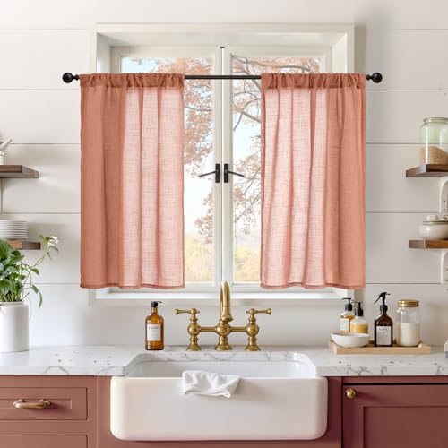 Image of BGment Terracotta Linen Kitchen Curtains 36 Inch Length, Small Semi Sheer Textured Drapes Boho Rustic Decor for Bathroom Cafe Over Sink Rod Pocket Burnt Orange, 2 Panels, Each 30 Inch Wide
