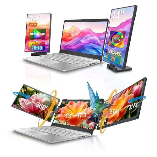 Image of 14.1-inch 2K Portable Triple Laptop Monitor Extender (with USB Docking Station) 2240x1400 QHD IPS Foldable Plug and Play Travel Home Office External Screen Compatible with HDMI,USB-A and USB-C
