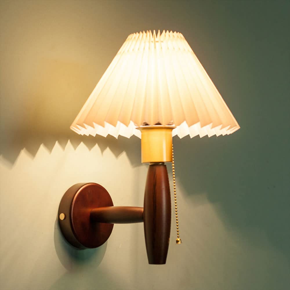 IBalody Pleated Fabric Wall Sconces Indoor Wood Wall Light Pull Cord Switch Elegant Bedside Wall Lantern Post-Modern Single Wall Lamp for Hotel Bedroom Living Room