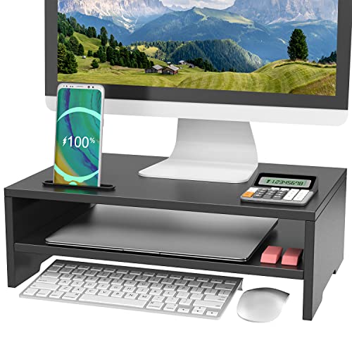 WALI 木製モニタースタンドライザー 2段 デスクトップモニタースタンドライザー 携帯電話ホルダー付き パソコン/ノートパソコン/プリンター/ノートブック/平面ディスプレイ用 (PTT008) ブラック