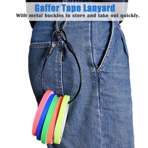 Image of RENIAN 5 Bright Colors Gaffer Tape Sets Neon Fluorescent 0.39in x 32.8ft with Electrical Tape Holder Hanging Rope for Photography Film Theater Stage Floors Pinstripe Marking