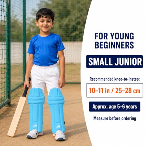 Image of NEXTAGE Small Junior Cricket Batting Pads for Kids | Fits 10-11 Inch Knee-to-Instep | 16.5 Inch Lightweight Soft-Foam Practice Leg Guards | 3 Adjustable Straps | Pair (Blue)