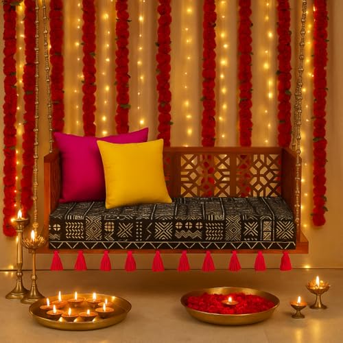 Image of Black Tribal Wooden Swing Seat Cover with Tassels | 2.5 Ft Indian Jhoola Bench Cover for Indoor Outdoor Swing | Solid Wood Swing Jhula Cover for Courtyard, Verandah, Balcony, Living Room Decor