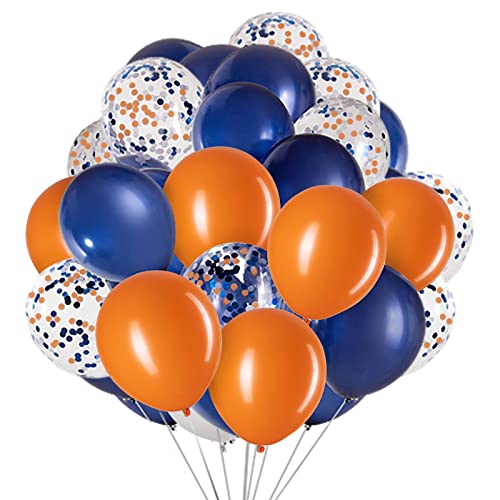 Image of We Moment12 Inch Navy Blue Balloons Orange Balloon with Confetti Balloons，50pcs，for Birthday Graduate Blue and Orange party Decorations