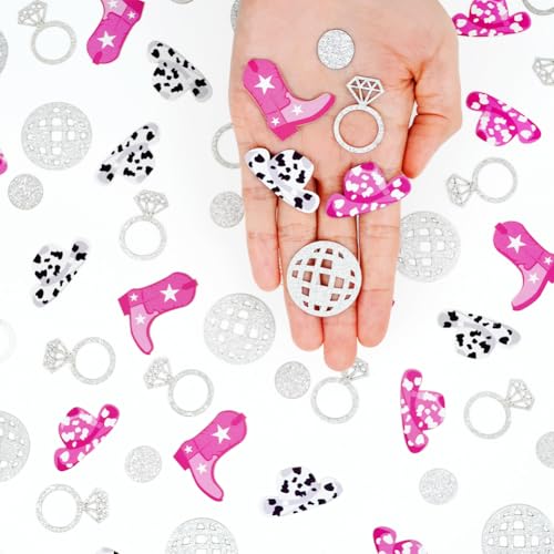Image of Cowgirl Disco Bachelorette Confetti Bachelorette Party Decorations, Glitter Disco Ball Ring and Pink Cowgirl Boot Hat Confetti for Bachelorette Bridal Shower Table Decor（100pcs）